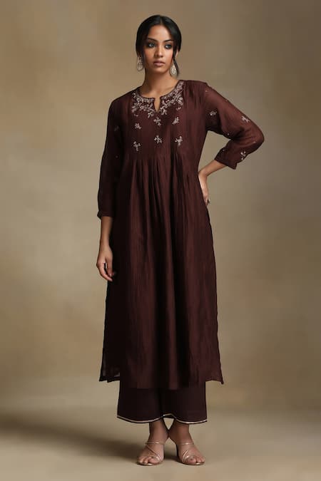Weaver Story Brown Chanderi, Cotton Satin Sequins, Embroidery, Gota Patti Split Kurta Set Online at Aza Fashions Weaver Story_Brown Chanderi, Cotton Satin Sequins, Embroidery, Gota Patti Split Kurta Set _Online_at_Aza_Fashions