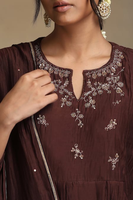Buy Weaver Story Brown Chanderi, Cotton Satin Sequins, Embroidery, Gota Patti Split Kurta Set Online at Aza Fashions Buy_Weaver Story_Brown Chanderi, Cotton Satin Sequins, Embroidery, Gota Patti Split Kurta Set _Online_at_Aza_Fashions
