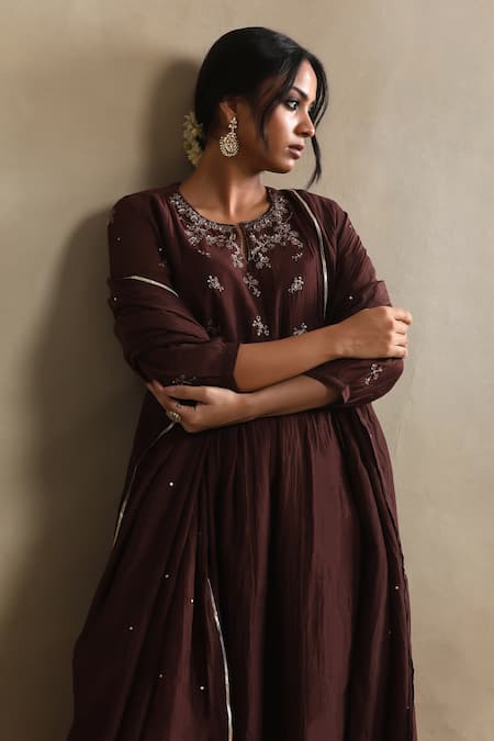 Shop Weaver Story Brown Chanderi, Cotton Satin Sequins, Embroidery, Gota Patti Split Kurta Set Shop_Weaver Story_Brown Chanderi, Cotton Satin Sequins, Embroidery, Gota Patti Split Kurta Set