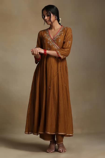 Weaver Story_Yellow Chanderi, Cotton Satin Sequins, Embroidery, Gota Mustard Angarkha Set _Online_at_Aza_Fashions