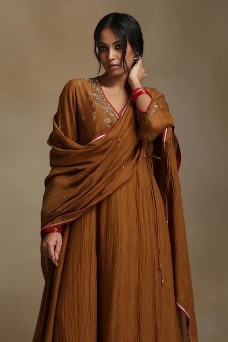 Buy_Weaver Story_Yellow Chanderi, Cotton Satin Sequins, Embroidery, Gota Mustard Angarkha Set _Online_at_Aza_Fashions