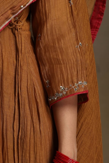 Shop_Weaver Story_Yellow Chanderi, Cotton Satin Sequins, Embroidery, Gota Mustard Angarkha Set _Online_at_Aza_Fashions