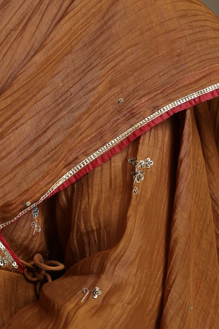 Weaver Story_Yellow Chanderi, Cotton Satin Sequins, Embroidery, Gota Mustard Angarkha Set _at_Aza_Fashions