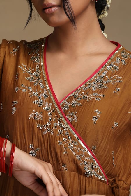 Buy_Weaver Story_Yellow Chanderi, Cotton Satin Sequins, Embroidery, Gota Mustard Angarkha Set 