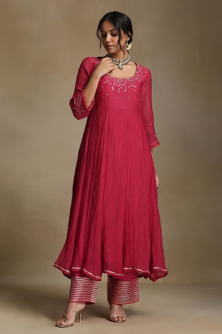 Weaver Story Pink Chanderi, Cotton Satin Sequins, Gota Patti, Floral Anarkali Set Online at Aza Fashions Weaver Story_Pink Chanderi, Cotton Satin Sequins, Gota Patti, Floral Anarkali Set _Online_at_Aza_Fashions