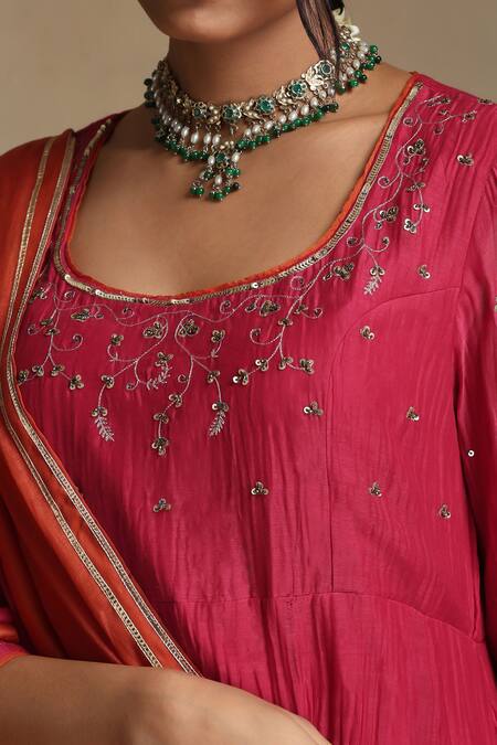 Shop Weaver Story Pink Chanderi, Cotton Satin Sequins, Gota Patti, Floral Anarkali Set Online at Aza Fashions Shop_Weaver Story_Pink Chanderi, Cotton Satin Sequins, Gota Patti, Floral Anarkali Set _Online_at_Aza_Fashions