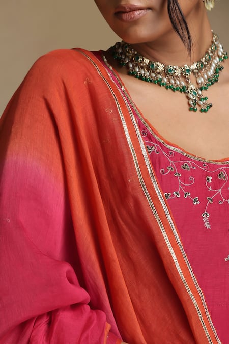 Buy Weaver Story Pink Chanderi, Cotton Satin Sequins, Gota Patti, Floral Anarkali Set Buy_Weaver Story_Pink Chanderi, Cotton Satin Sequins, Gota Patti, Floral Anarkali Set