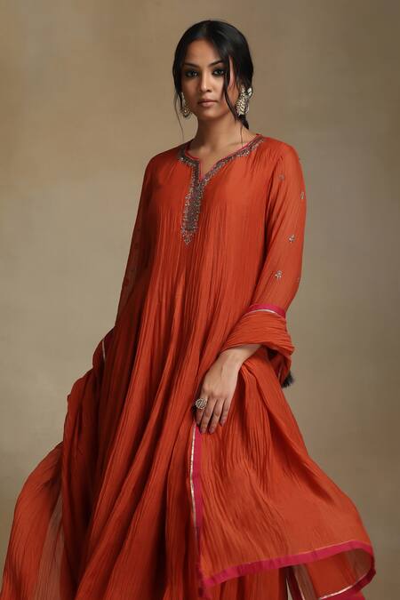 Weaver Story Orange Chanderi, Cotton Satin Embroidery, Sequins, Tassels Floral Anarkali Set Online at Aza Fashions Weaver Story_Orange Chanderi, Cotton Satin Embroidery, Sequins, Tassels Floral Anarkali Set _Online_at_Aza_Fashions