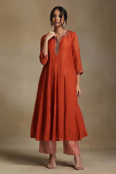 Buy Weaver Story Orange Chanderi, Cotton Satin Embroidery, Sequins, Tassels Floral Anarkali Set Online at Aza Fashions Buy_Weaver Story_Orange Chanderi, Cotton Satin Embroidery, Sequins, Tassels Floral Anarkali Set _Online_at_Aza_Fashions