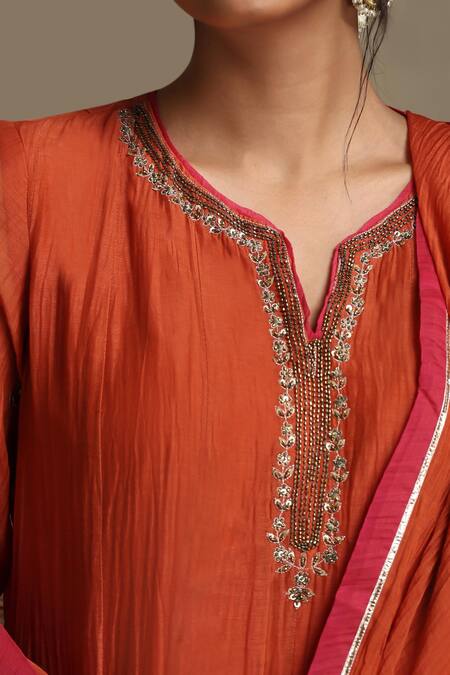 Weaver Story Orange Chanderi, Cotton Satin Embroidery, Sequins, Tassels Floral Anarkali Set at Aza Fashions Weaver Story_Orange Chanderi, Cotton Satin Embroidery, Sequins, Tassels Floral Anarkali Set _at_Aza_Fashions