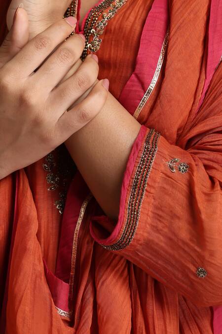 Buy Weaver Story Orange Chanderi, Cotton Satin Embroidery, Sequins, Tassels Floral Anarkali Set Buy_Weaver Story_Orange Chanderi, Cotton Satin Embroidery, Sequins, Tassels Floral Anarkali Set