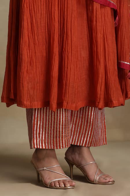 Shop Weaver Story Orange Chanderi, Cotton Satin Embroidery, Sequins, Tassels Floral Anarkali Set Shop_Weaver Story_Orange Chanderi, Cotton Satin Embroidery, Sequins, Tassels Floral Anarkali Set