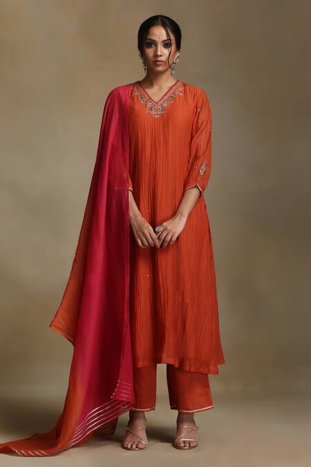 Weaver Story_Orange Chanderi, Cotton Satin Sequins, Embroidery V-neck Floral Kurta Set _Online_at_Aza_Fashions
