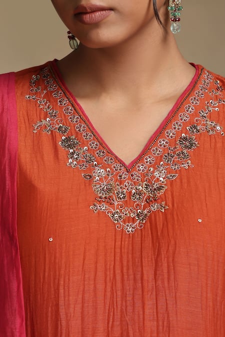 Weaver Story_Orange Chanderi, Cotton Satin Sequins, Embroidery V-neck Floral Kurta Set _at_Aza_Fashions