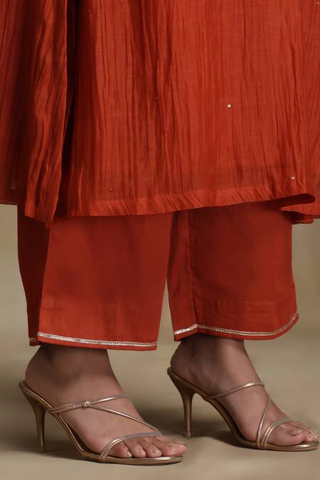 Shop_Weaver Story_Orange Chanderi, Cotton Satin Sequins, Embroidery V-neck Floral Kurta Set 