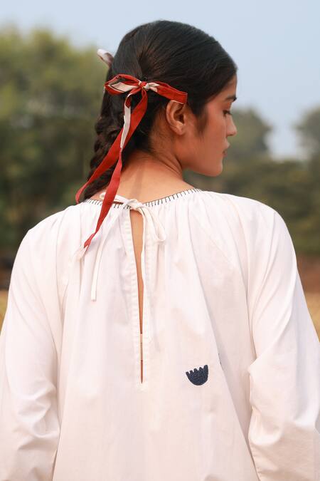 Buy_Doodlage_White Upcycled Cotton Embroidered Thread Round Patchwork Maxi Dress _Online_at_Aza_Fashions