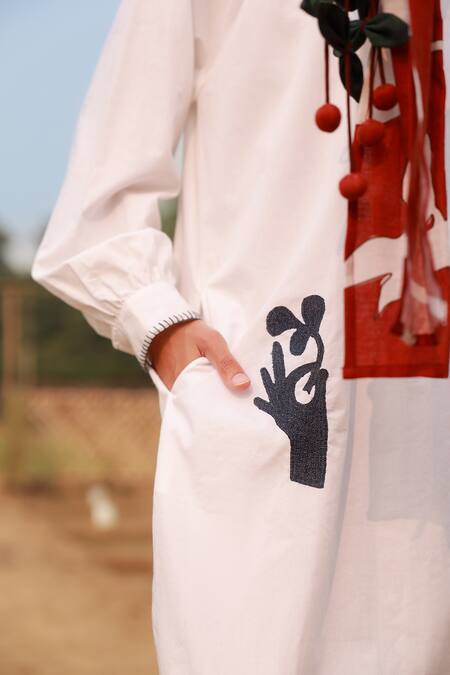 Shop_Doodlage_White Upcycled Cotton Embroidered Thread Round Patchwork Maxi Dress _Online_at_Aza_Fashions