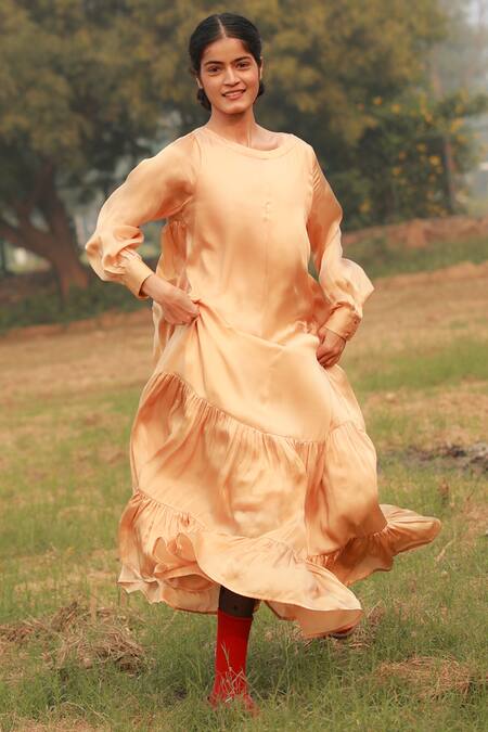 Doodlage Beige Bemberg Solid Round Frilled Maxi Dress Online at Aza Fashions Doodlage_Beige Bemberg Solid Round Frilled Maxi Dress _Online_at_Aza_Fashions