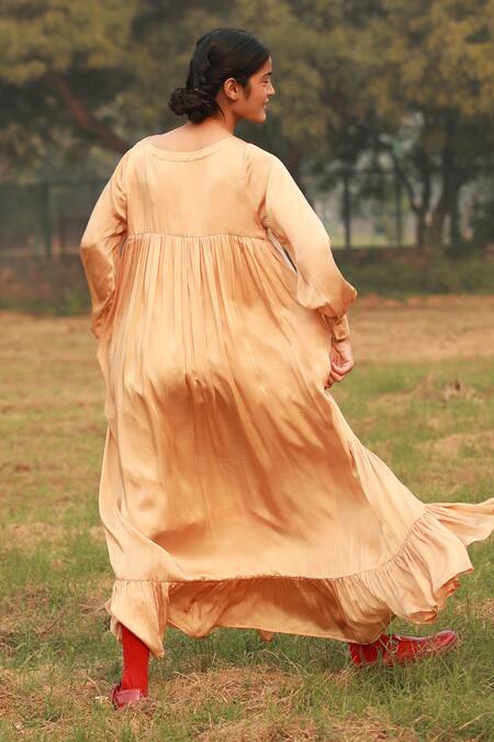 Buy Doodlage Beige Bemberg Solid Round Frilled Maxi Dress Online at Aza Fashions Buy_Doodlage_Beige Bemberg Solid Round Frilled Maxi Dress _Online_at_Aza_Fashions