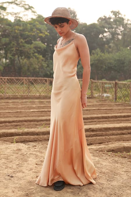 Doodlage_Beige Bemberg Solid Cowl Draped Maxi Dress _Online_at_Aza_Fashions