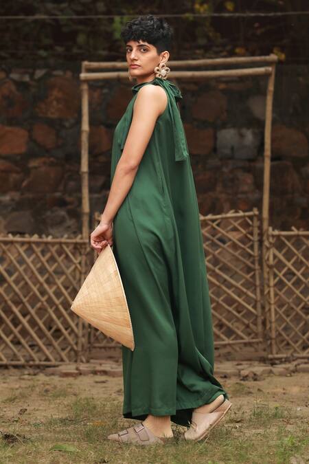 Doodlage_Green Bemberg Solid One Shoulder Maxi Dress _Online_at_Aza_Fashions