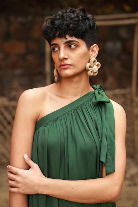 Buy_Doodlage_Green Bemberg Solid One Shoulder Maxi Dress _Online_at_Aza_Fashions