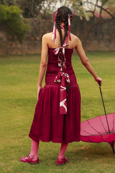 Shop_Doodlage_Red Bemberg Smoked Straight Plain Strapless Midi Dress _at_Aza_Fashions