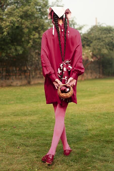 Shop_Doodlage_Red Bemberg Solid Ruffle Collar Crimson Dress _at_Aza_Fashions