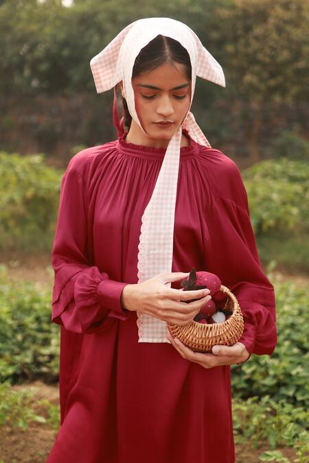 Doodlage_Red Bemberg Solid Ruffle Collar Crimson Dress _Online_at_Aza_Fashions