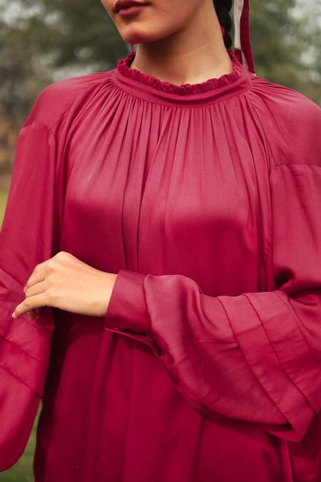 Buy_Doodlage_Red Bemberg Solid Ruffle Collar Crimson Dress _Online_at_Aza_Fashions