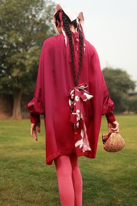 Shop_Doodlage_Red Bemberg Solid Ruffle Collar Crimson Dress _Online_at_Aza_Fashions