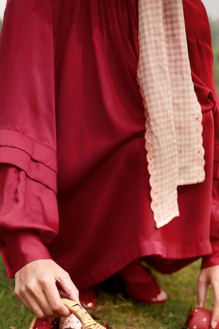 Doodlage_Red Bemberg Solid Ruffle Collar Crimson Dress _at_Aza_Fashions