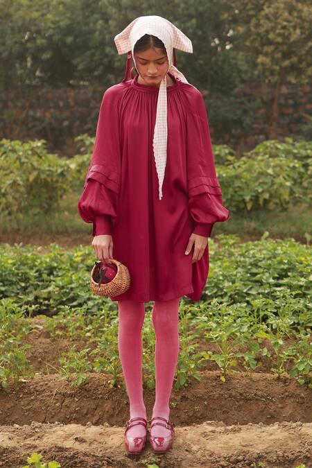 Buy_Doodlage_Red Bemberg Solid Ruffle Collar Crimson Dress 