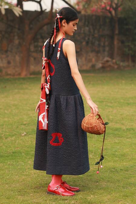 Shop_Doodlage_Blue Cotton Round Navy Applique Maxi Dress _at_Aza_Fashions