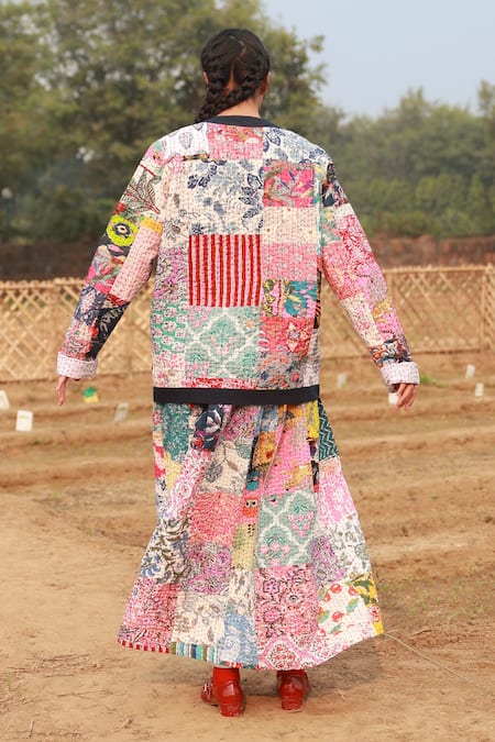 Shop_Doodlage_Multi Color Upcycled Cotton Embroidered Patchwork Open Multicolor Kantha Jacket _at_Aza_Fashions