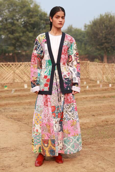 Doodlage_Multi Color Upcycled Cotton Embroidered Patchwork Open Multicolor Kantha Jacket _Online_at_Aza_Fashions