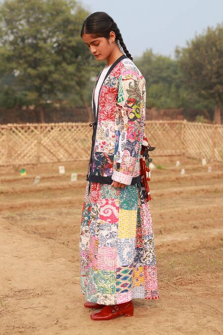 Buy_Doodlage_Multi Color Upcycled Cotton Embroidered Patchwork Open Multicolor Kantha Jacket _Online_at_Aza_Fashions