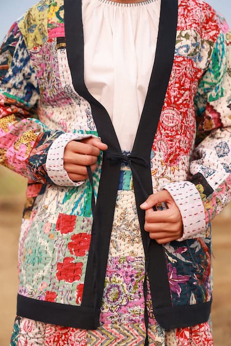 Shop_Doodlage_Multi Color Upcycled Cotton Embroidered Patchwork Open Multicolor Kantha Jacket _Online_at_Aza_Fashions