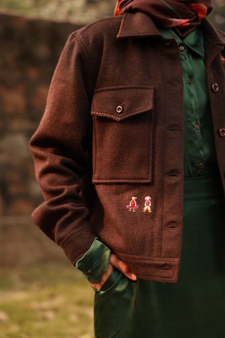 Doodlage_Brown Recycled Wool Embroidered Thread Shirt Collar Cropped Jacket _Online_at_Aza_Fashions