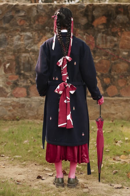 Shop_Doodlage_Blue Recycled Wool Embroidered Thread Lapel Collar Navy Long Coat With Belt _at_Aza_Fashions