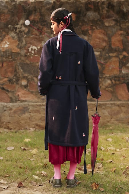 Doodlage_Blue Recycled Wool Embroidered Thread Lapel Collar Navy Long Coat With Belt _Online_at_Aza_Fashions
