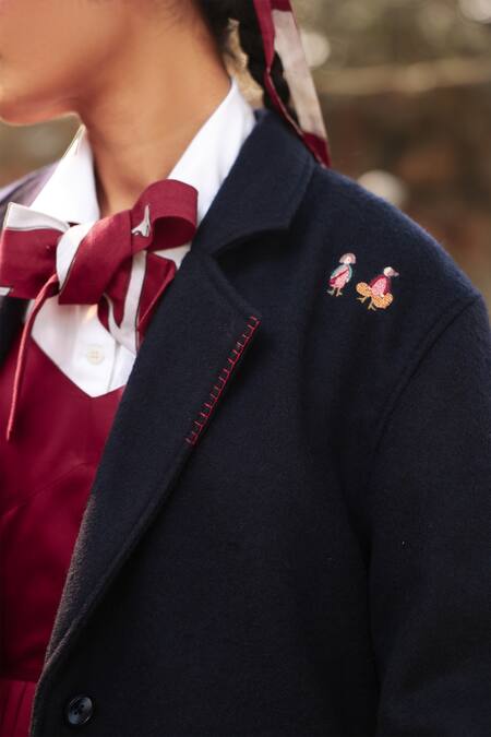 Buy_Doodlage_Blue Recycled Wool Embroidered Thread Lapel Collar Navy Long Coat With Belt _Online_at_Aza_Fashions