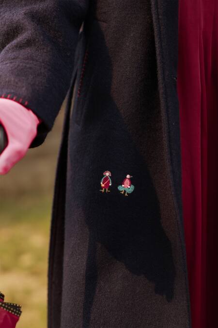 Shop_Doodlage_Blue Recycled Wool Embroidered Thread Lapel Collar Navy Long Coat With Belt _Online_at_Aza_Fashions