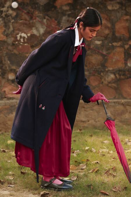 Doodlage_Blue Recycled Wool Embroidered Thread Lapel Collar Navy Long Coat With Belt _at_Aza_Fashions