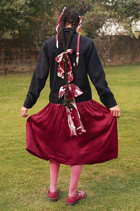 Shop_Doodlage_Blue Recycled Wool Embroidered Thread Shirt Collar Navy Cropped Jacket _at_Aza_Fashions