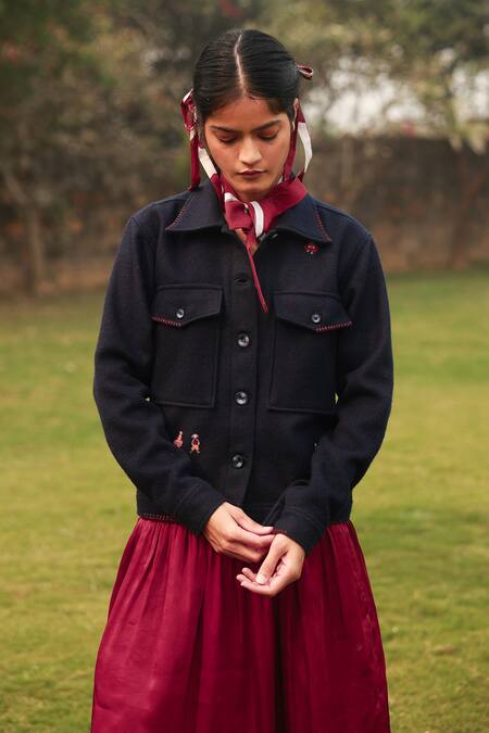 Buy_Doodlage_Blue Recycled Wool Embroidered Thread Shirt Collar Navy Cropped Jacket _Online_at_Aza_Fashions
