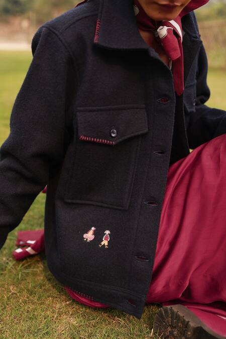 Shop_Doodlage_Blue Recycled Wool Embroidered Thread Shirt Collar Navy Cropped Jacket _Online_at_Aza_Fashions