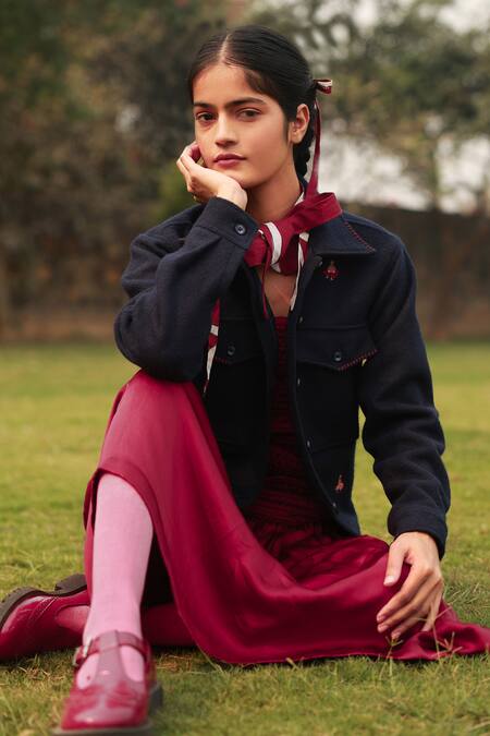 Doodlage_Blue Recycled Wool Embroidered Thread Shirt Collar Navy Cropped Jacket _at_Aza_Fashions