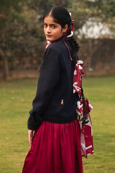 Buy_Doodlage_Blue Recycled Wool Embroidered Thread Shirt Collar Navy Cropped Jacket 