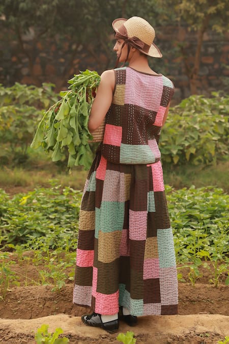 Shop_Doodlage_Multi Color Upcycled Cotton Patchwork Multicolor Kantha Maxi Skirt _at_Aza_Fashions